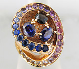 Кольцо с гранатами с александритовым эффектом, разноцветными сапфирами и бриллиантами Золото