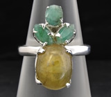 Кольцо с кабошоном желтого сапфира и изумрудами Серебро 925