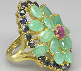 Превосходное кольцо с сапфирами и изумрудами Серебро 925