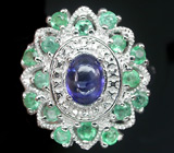 Роскошное кольцо с синим сапфиром и изумрудами Серебро 925