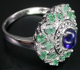 Роскошное кольцо с синим сапфиром и изумрудами Серебро 925