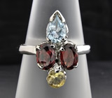 Кольцо с топазом, цитрином и гранатами Серебро 925