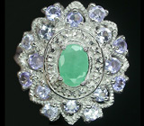 Замечательное кольцо с изумрудом и танзанитами Серебро 925