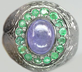 Эффектное кольцо  с танзанитом и изумрудами Серебро 925