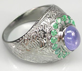 Эффектное кольцо  с танзанитом и изумрудами Серебро 925