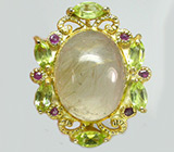 Кольцо с рутиловым кварцем, перидотами и сапфирами Серебро 925