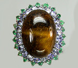 Кольцо с тигровым глазом, танзанитами и изумрудами Серебро 925