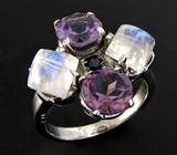 Кольцо с аметистами, лунным камнем и сапфиром Серебро 925