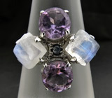 Кольцо с аметистами, лунным камнем и сапфиром Серебро 925