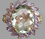 Кольцо с зеленым аметистом, танзанитами и перидотами Серебро 925