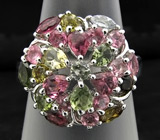 Яркое кольцо с разноцветными турмалинами Серебро 925
