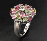 Яркое кольцо с разноцветными турмалинами Серебро 925