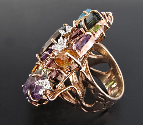 Потрясающее КРУПНОЕ кольцо с самоцветами! Ручная работа Серебро 925