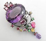 Брошь/кулон с аметистами, сапфирами, родолитами и цаворитами Серебро 925