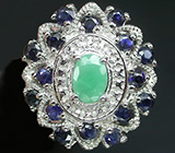 Замечательное кольцо с изумрудом и сапфирами Серебро 925