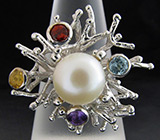 Оригинальное кольцо с жемчужиной и самоцветами Серебро 925