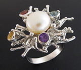 Оригинальное кольцо с жемчужиной и самоцветами Серебро 925