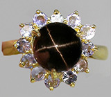 Изящное кольцо со звездчатым диопсидом и танзанитами Серебро 925