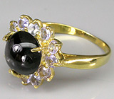 Изящное кольцо со звездчатым диопсидом и танзанитами Серебро 925