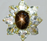 Кольцо со звездчатым сапфиром и топазами Серебро 925