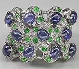 Широкое кольцо с синими сапфирами и цаворитами Серебро 925