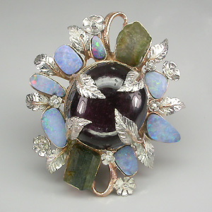 КРУПНОЕ кольцо с массивным сапфиром, турмалинами, опалами и топазами! Ручная работа