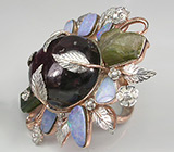 КРУПНОЕ кольцо с массивным сапфиром, турмалинами, опалами и топазами! Ручная работа Серебро 925