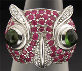 Кольцо "Сова" с кабошонами турмалинов и сапфирами Серебро 925