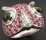 Кольцо "Сова" с кабошонами турмалинов и сапфирами Серебро 925