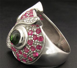 Кольцо "Сова" с кабошонами турмалинов и сапфирами Серебро 925