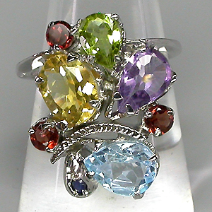 Кольцо с топазом, цитрином, аметистом, перидотом, гранатами и сапфирами
