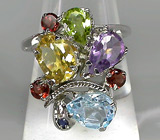 Кольцо с топазом, цитрином, аметистом, перидотом, гранатами и сапфирами Серебро 925