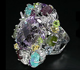 Потрясающее КРУПНОЕ кольцо с самоцветами! Ручная работа Серебро 925