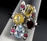 Кольцо с цитринами, гранатом, топазом и сапфирами Серебро 925