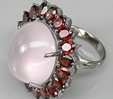 Великолепное кольцо с розовым кварцем и гранатами Серебро 925