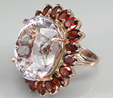 Великолепное кольцо с розовым кварцем и гранатами Серебро 925