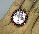 Великолепное кольцо с розовым кварцем и гранатами Серебро 925