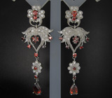 Роскошные крупные серьги с гранатами Серебро 925
