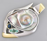 Кулон с пузырчатым жемчугом, аквамарином, синим сапфиром и бриллиантом Серебро 925