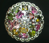 Праздничное кольцо с разноцветными турмалинами и марказитами Серебро 925