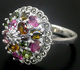 Праздничное кольцо с разноцветными турмалинами и марказитами Серебро 925
