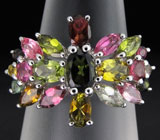 Прелестное кольцо с разноцветными турмалинами Серебро 925