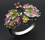 Прелестное кольцо с разноцветными турмалинами Серебро 925