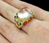 Кольцо с розовым кварцем, сапфирами и топазами Серебро 925