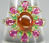 Кольцо со спессартином гранатом, изумрудами и розовыми сапфирами Серебро 925
