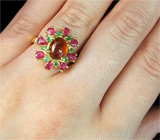 Кольцо со спессартином гранатом, изумрудами и розовыми сапфирами Серебро 925