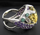 Кольцо с цитрином, аметистами и изумрудами Серебро 925
