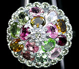 Праздничное кольцо с разноцветными турмалинами и марказитами Серебро 925