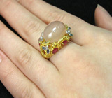 Кольцо с крупным кабошоном сапфира, пурпурными сапфирами и цитринами Серебро 925