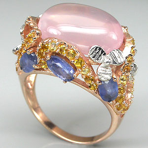 Кольцо с розовым кварцем, цитринами и синими сапфирами